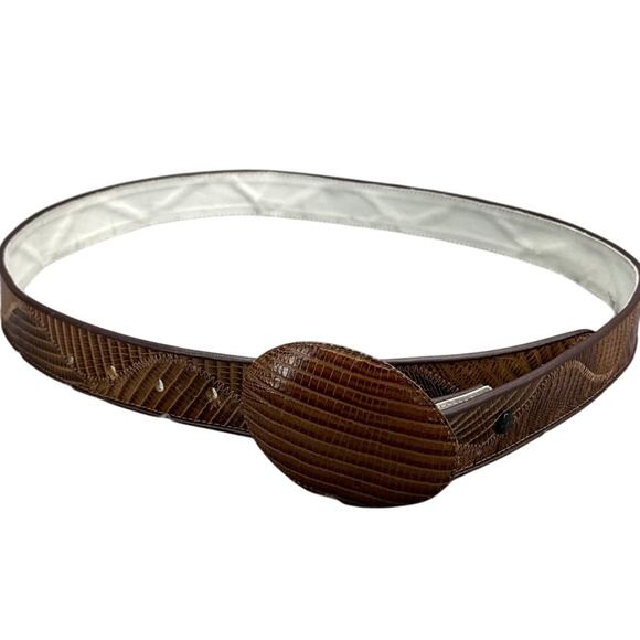 Vintage Handcrafted Western Brown Exotic Leather Belt Round Leather Buckle 40" - Picture 3 of 6